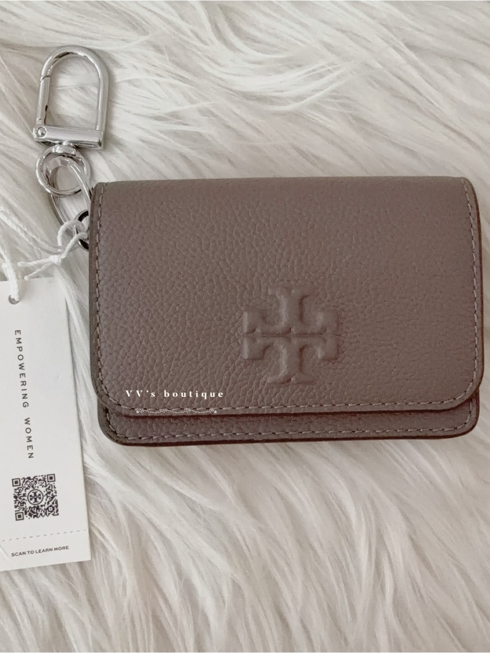 NWT Tory Burch Thea Flap ID Card Case Wallet Wild Mushroom Grey Taupe 169969
